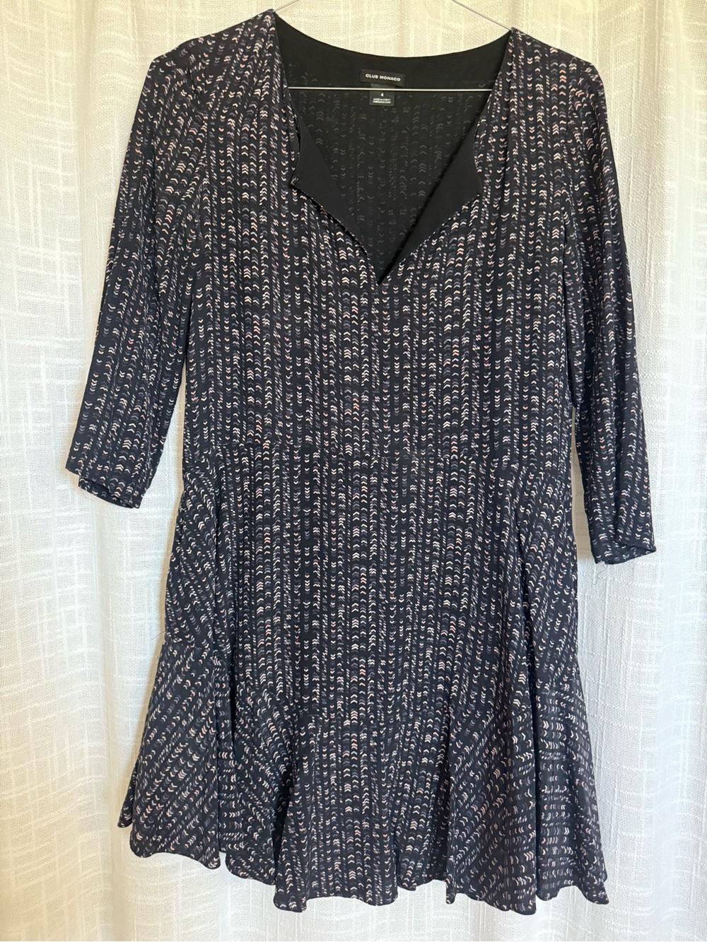 Club Monaco Navy Printed V-Neck Fit-and-Flare Midi Dress